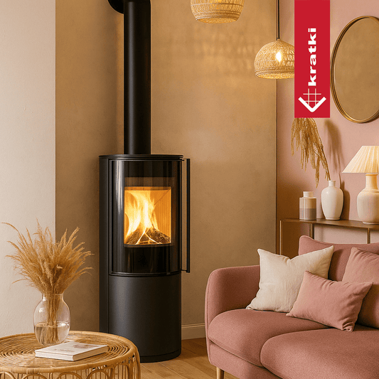 Kratki Sven houtkachel in een stijlvolle woonkamer met brandend vuur