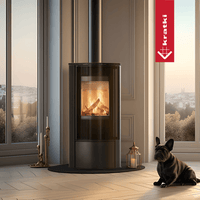 Kratki Erik kachel in een lichte woonkamer met brandend vuur en hond