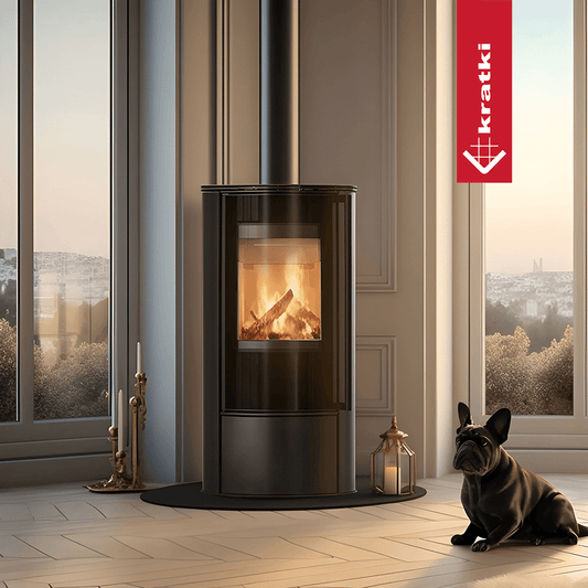 Kratki Erik kachel in een lichte woonkamer met brandend vuur en hond