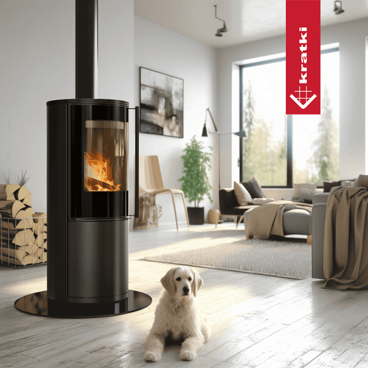 Kratki Sven houtkachel in moderne woonkamer met hond op de vloer
