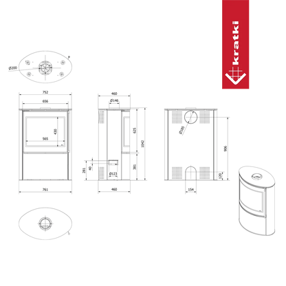 Technische tekening van de Kratki Bjorn haard met afmetingen en specificaties.