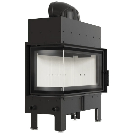 Kratki Floki L 12 kW Links, moderne hoekhaard met glazen zijpaneel en zwart metalen afwerking.