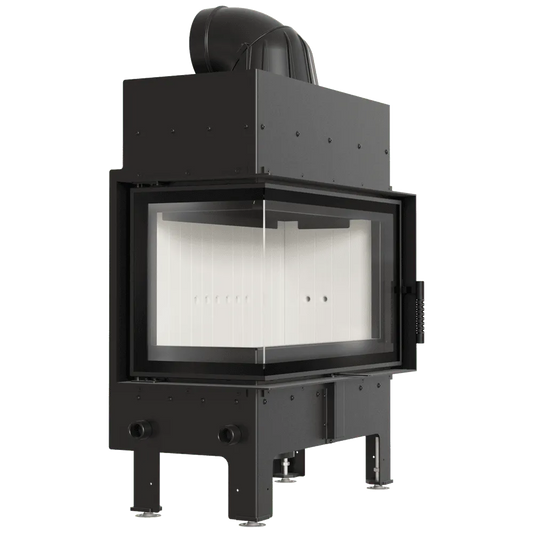 Kratki Floki M 10 kW Links, moderne hoekhaard met glazen zijpaneel en zwart metalen afwerking.