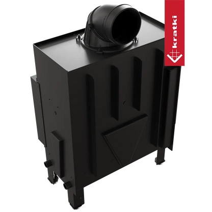 Zwarte Kratki Floki M 10 kW Links houtkachel met bovenafvoer en modern ontwerp.