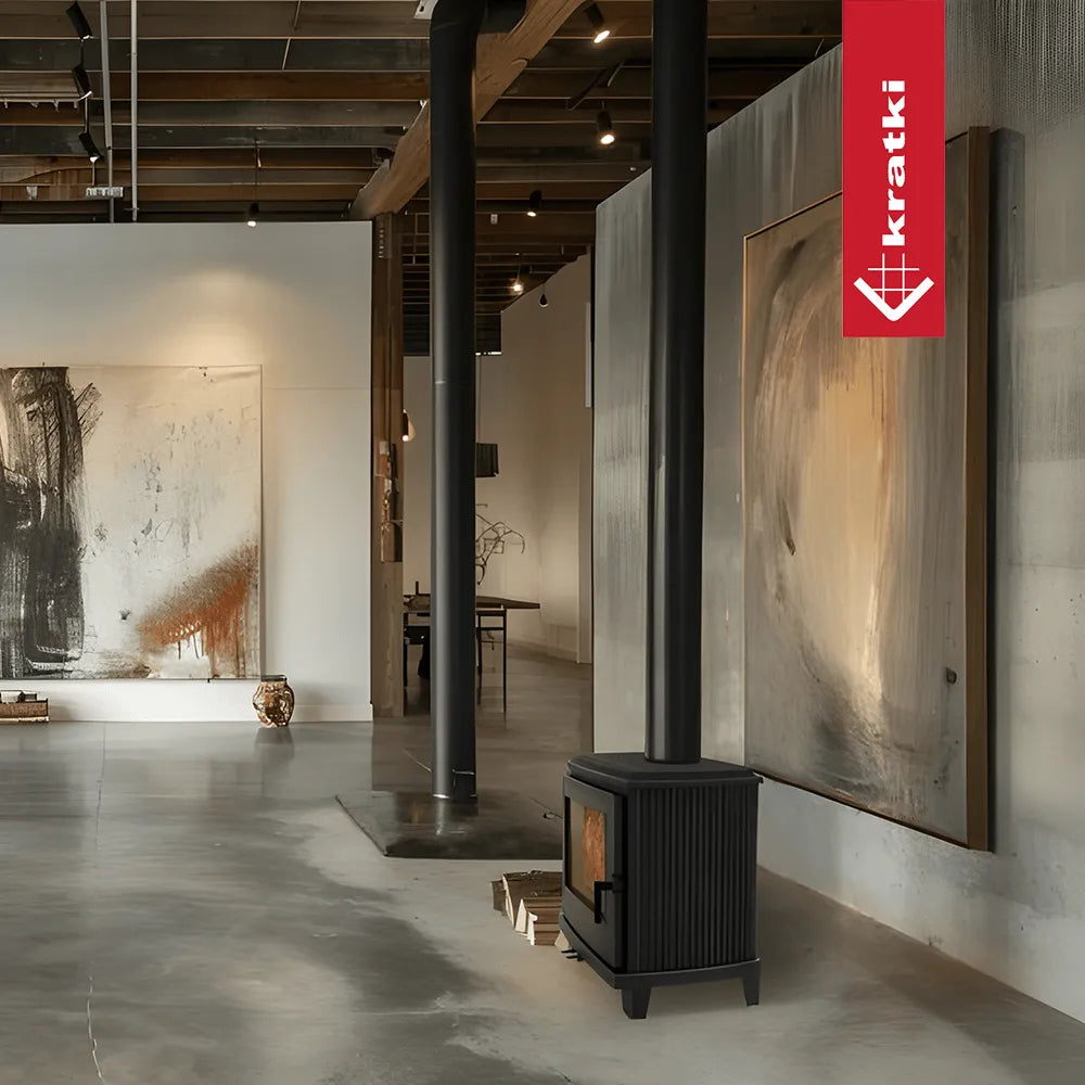 Moderne woonkamer met Kratki K11 houtkachel, grote abstracte schilderijen en industriële inrichting.