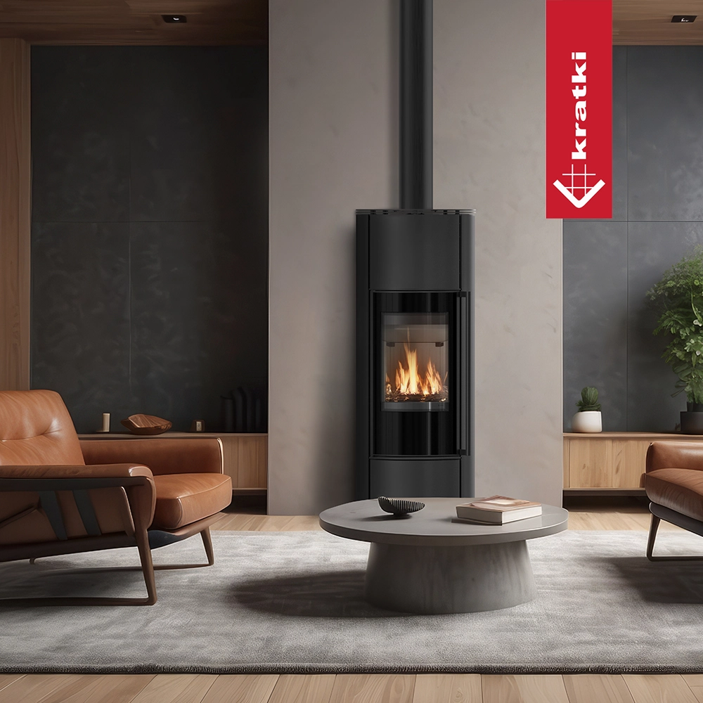 Kratki Erik zwarte houtkachel in moderne woonkamer