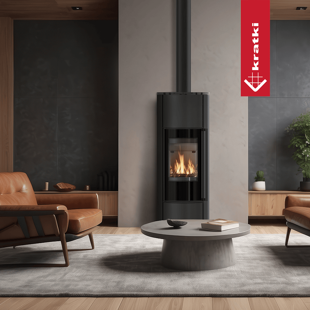 Kratki Erik Hoog in moderne woonkamer met brandend vuur