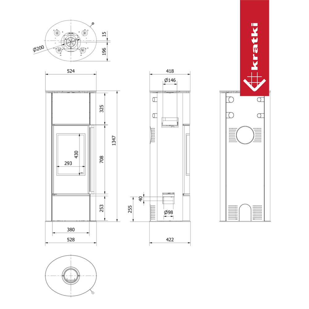 Technische tekening van de Kratki Erik Hoog met afmetingen en specificaties.