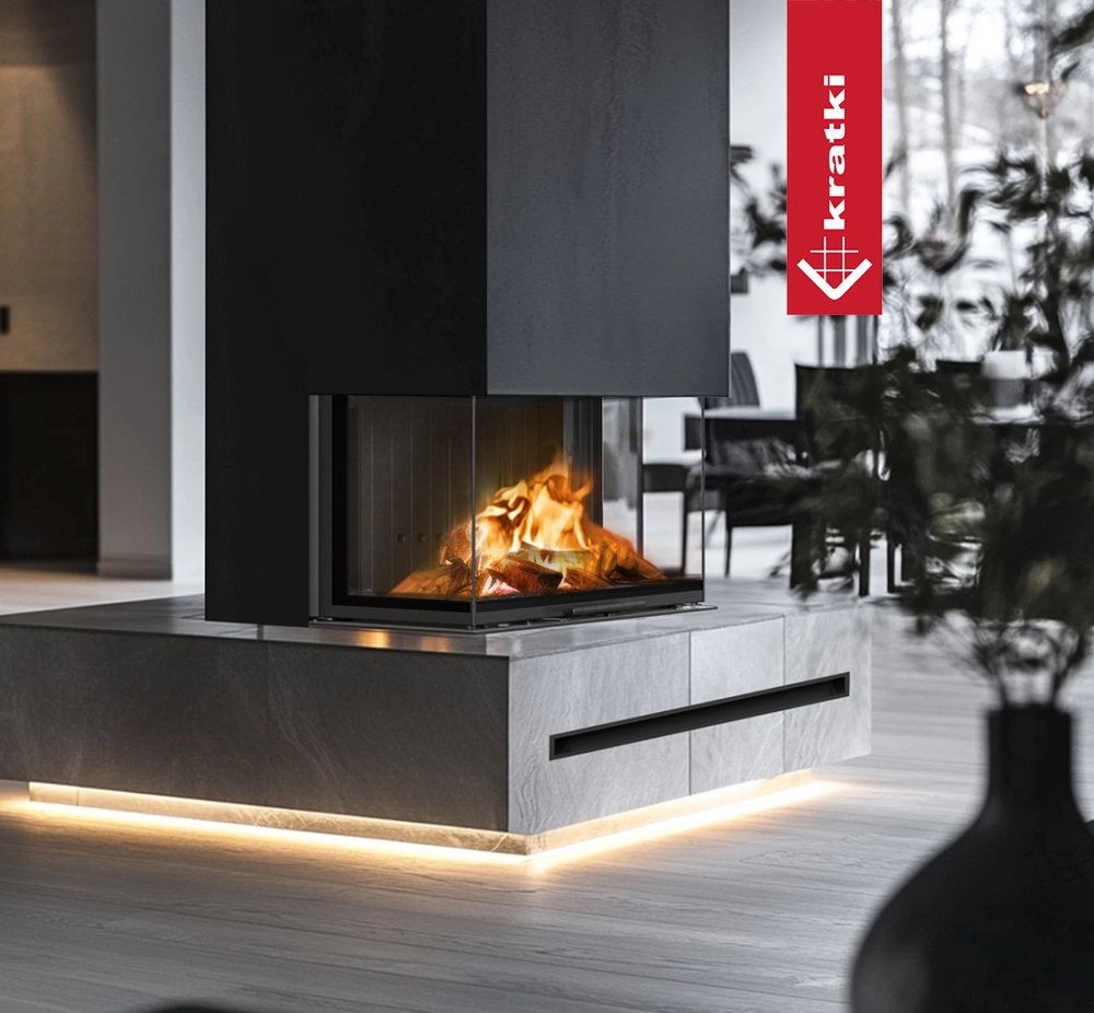 Kratki Regnor haard in moderne woonkamer met zichtbare vlammen