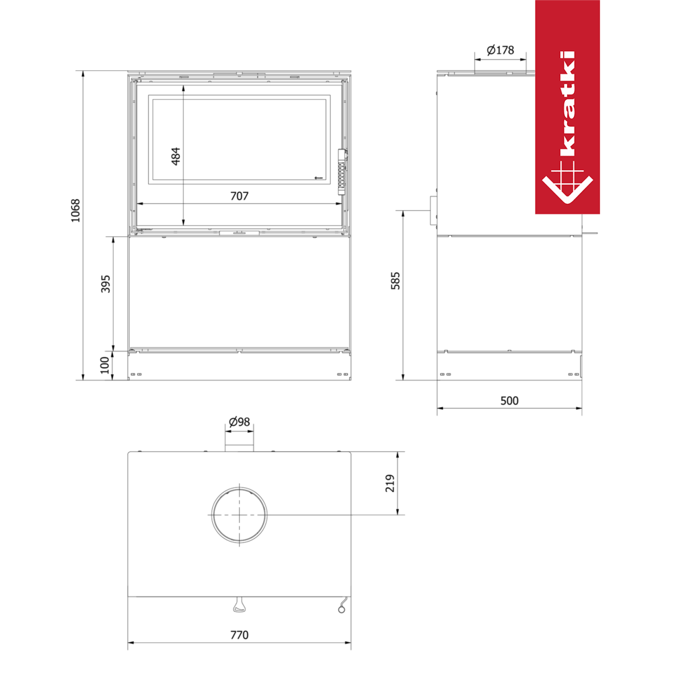 Technische tekening van de Kratki Kari 80 Breed haard met afmetingen en logo.