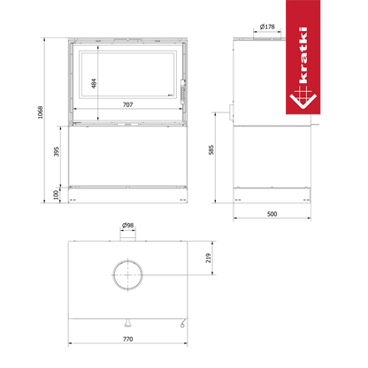 Technische tekening van de Kratki Kari 80 Breed haard met afmetingen en logo.