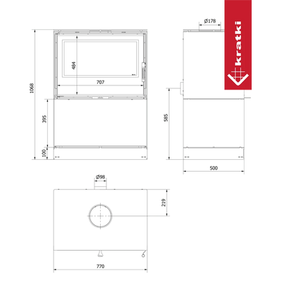 Technische tekening van de Kratki Kari 80 Breed haard met afmetingen en logo.