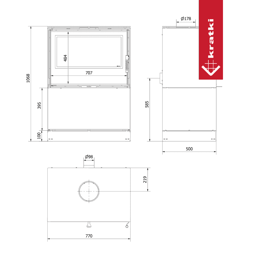 Technische tekening van de Kratki Kari 80 Breed haard met afmetingen.