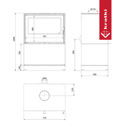 Technische tekening van de Kratki Kari 80 Breed haard met afmetingen.