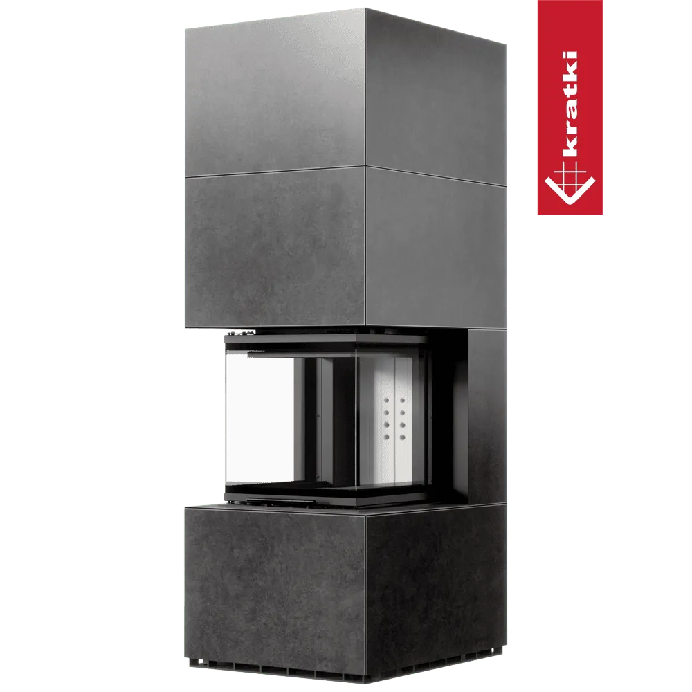 Moderne, hoge Kratki NBC 500/500 Hoog haard met strakke, zwarte afwerking en glazen panelen.