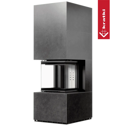 Moderne, hoge Kratki NBC 500/500 Hoog haard met strakke, zwarte afwerking en glazen panelen.