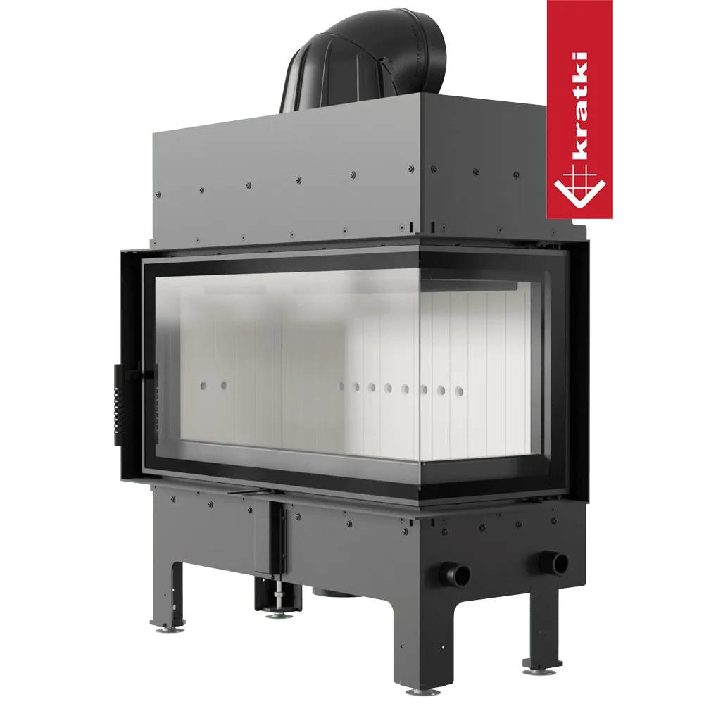 Kratki Floki L 12 kW Rechts, moderne inbouwhaard met glazen hoek en zwart metalen afwerking.