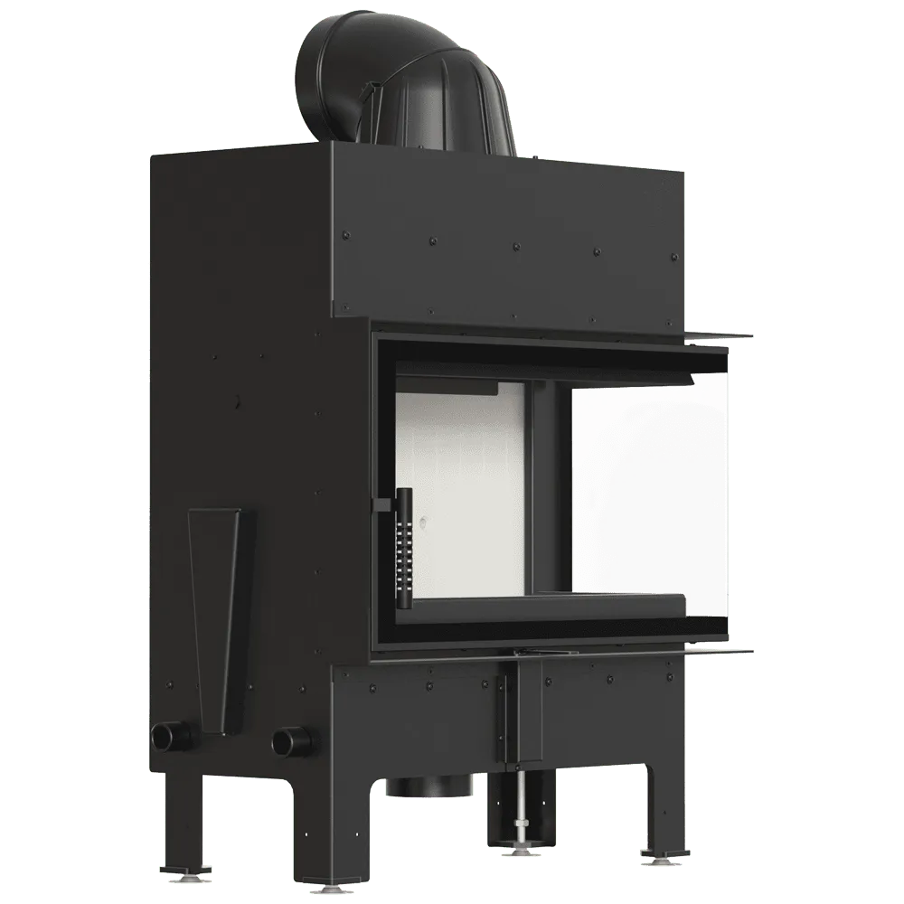 Kratki Floki M 10 kW Rechts, moderne zwarte houtkachel met glazen zijpaneel en bovenste rookafvoer.
