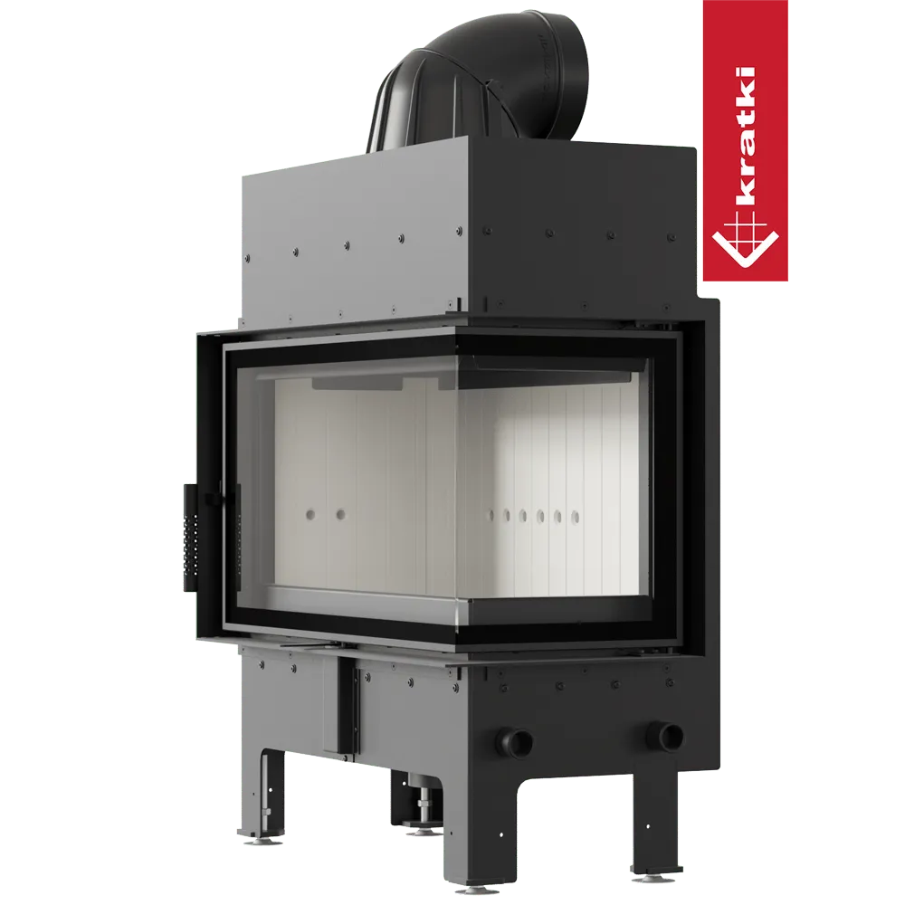 Kratki Floki M 10 kW Rechts, moderne hoekhaard met glazen deur en zwart metalen afwerking.