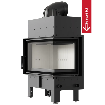 Kratki Floki M 10 kW Rechts, moderne hoekhaard met glazen deur en zwart metalen afwerking.