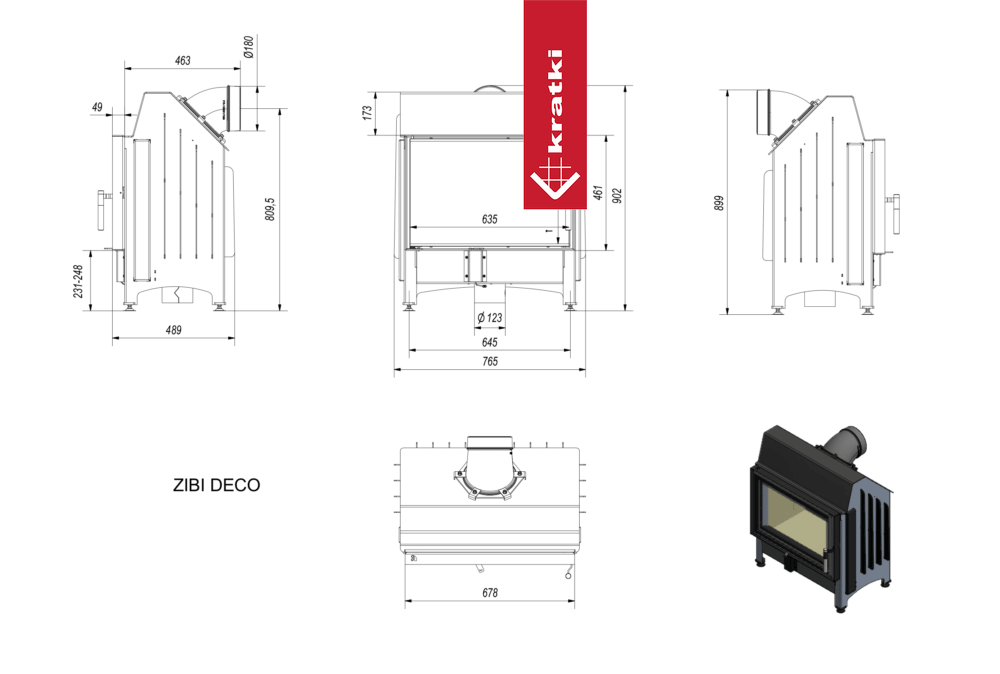 Technische tekening en zijaanzicht van de Kratki Zibi Deco houtkachel.