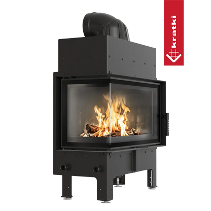 Kratki Floki M 10 kW Links, moderne houtkachel met glazen hoek en zichtbare vlammen.