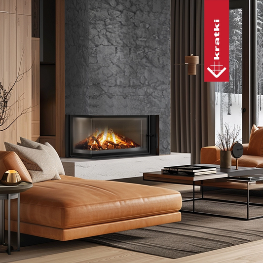 Kratki Floki haard in moderne woonkamer met brandend vuur
