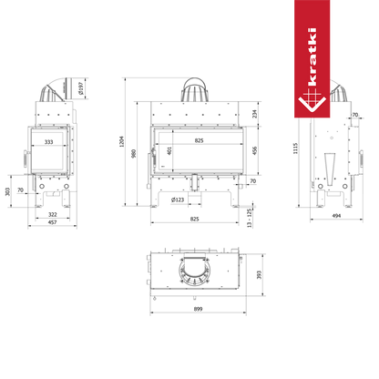 Kratki Floki L 12 kW Rechts, zwart metalen haard met glazen deur en rode merknaam.