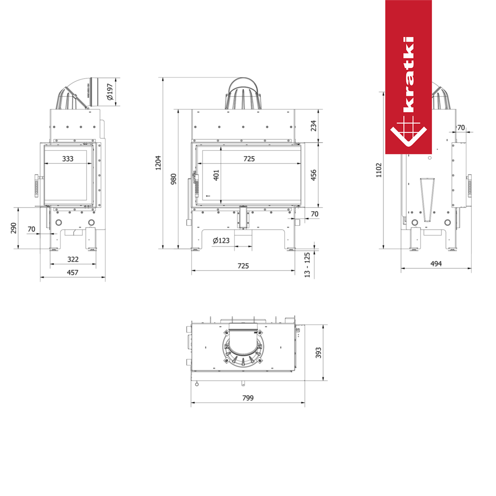 Technische tekening van de Kratki Floki M 10 kW Rechts haard.