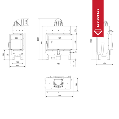 Technische tekening van de Kratki Floki M 10 kW Rechts haard.