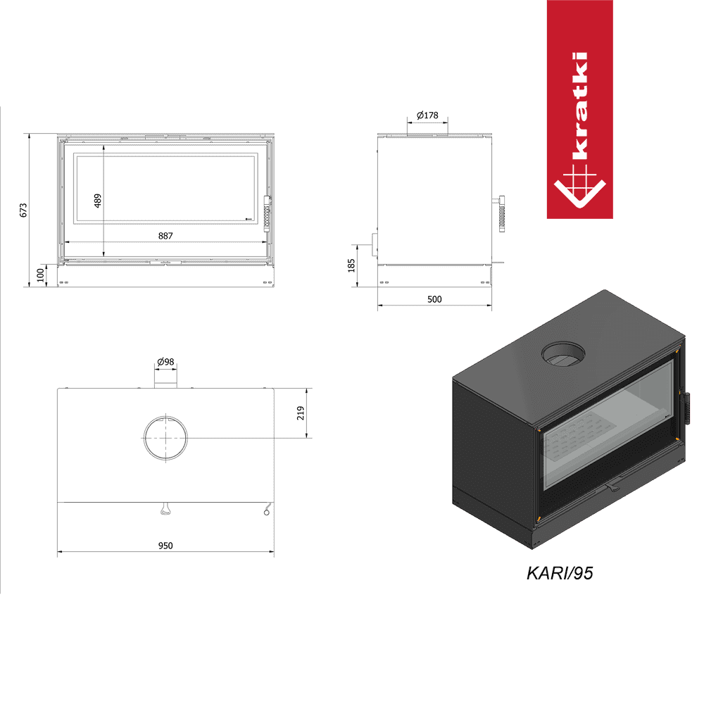 Technische tekening en 3D-weergave van de Kratki Kari 95 haard.