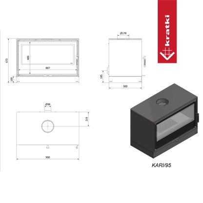 Technische tekening en 3D-weergave van de Kratki Kari 95 haard.