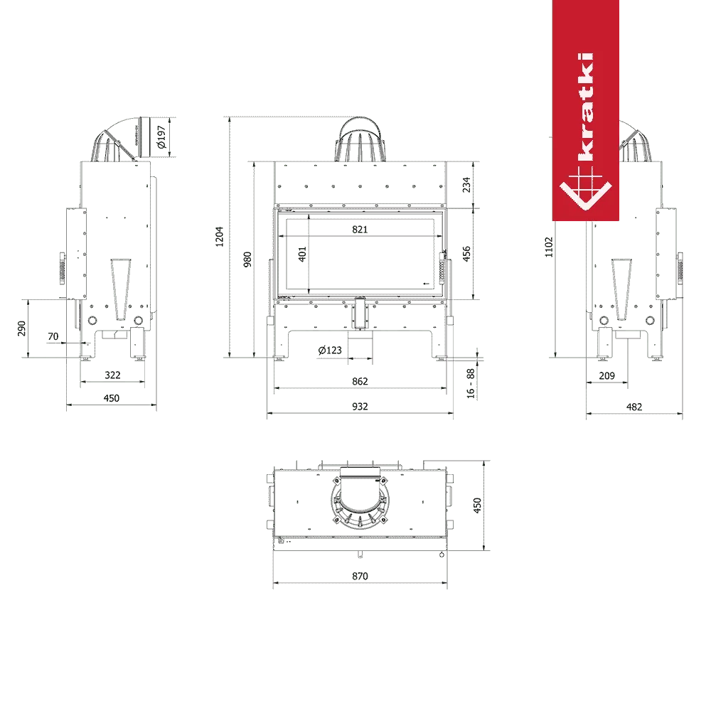 Technische tekening van de Kratki Floki L 12 kW haard met afmetingen.