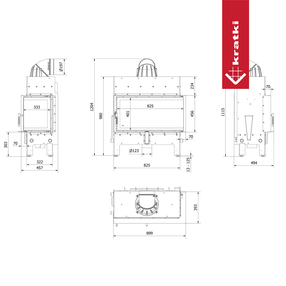 Kratki Floki L 12 kW Rechts, zwart metalen haard met glazen deur en rode merknaam.