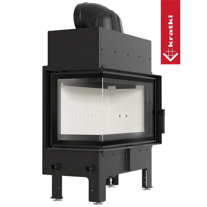 Kratki Floki M 10 kW Links, moderne hoekhaard met zwart metalen frame en glazen deur.