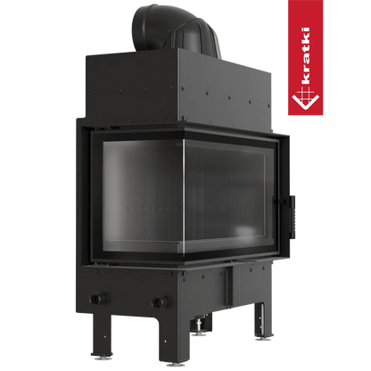 Kratki Floki M 10 kW Links, moderne zwarte houtkachel met glazen zijpaneel en bovenafvoer.