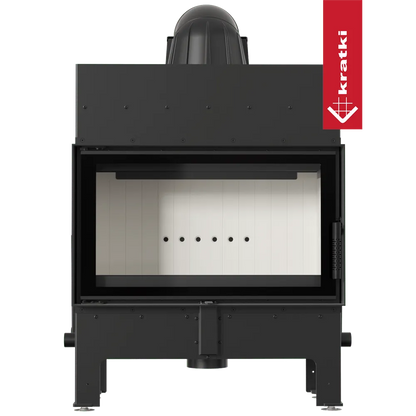 Kratki Floki M 10 kW houtkachel met modern ontwerp en groot glazen venster.