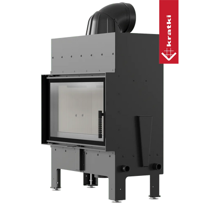 Kratki Floki M 10 kW houtkachel met glazen deur en moderne, zwarte afwerking.