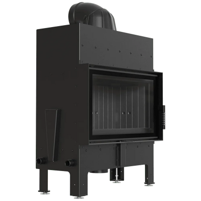 Zwarte Kratki Floki M 10 kW houtkachel met glazen deur en metalen behuizing.