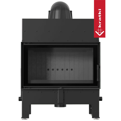 Zwarte Kratki Floki M 10 kW houtkachel met glazen deur en rode merklabel.