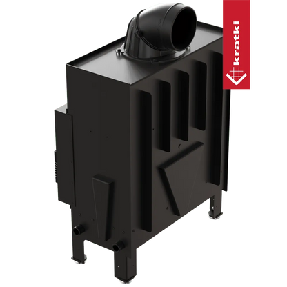 Zwarte Kratki Floki M 10 kW houtkachel met moderne, strakke lijnen en bovenste rookafvoer.