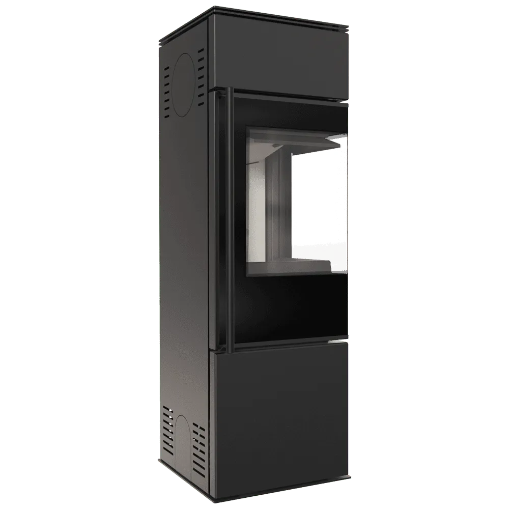 Zwarte, moderne Kratki Ren P houtkachel met glazen deur en ventilatieopeningen aan de zijkant.