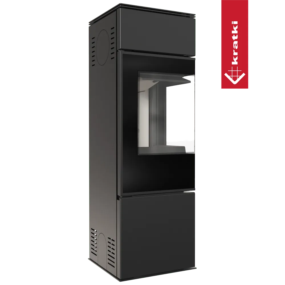 Zwarte, moderne Kratki Ren L houtkachel met glazen deur en ventilatieopeningen.