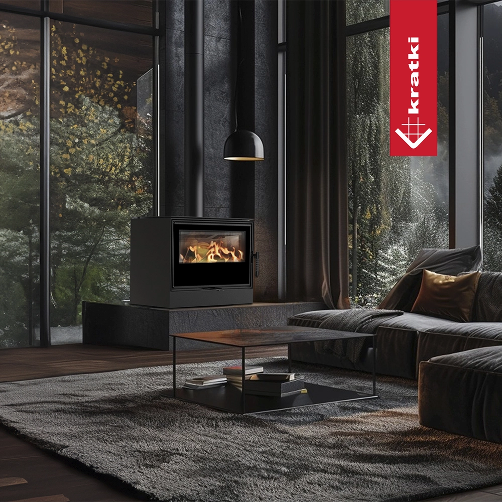Kratki Kari 70 houtkachel in moderne woonkamer met brandend vuur