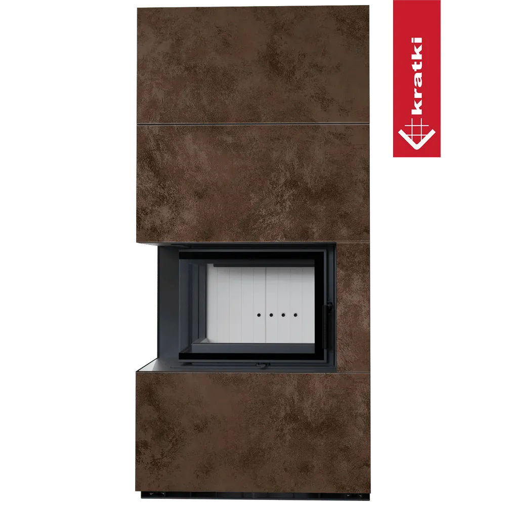 Kratki Floki S 8 kW Links, moderne hoekhaard met roestbruine afwerking en glazen deur links.