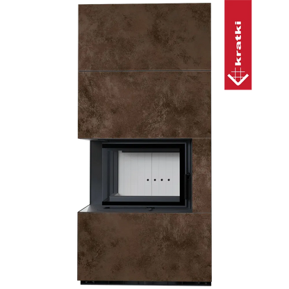 Kratki Floki S 8 kW Links, moderne hoekhaard met roestbruine afwerking en glazen deur links.