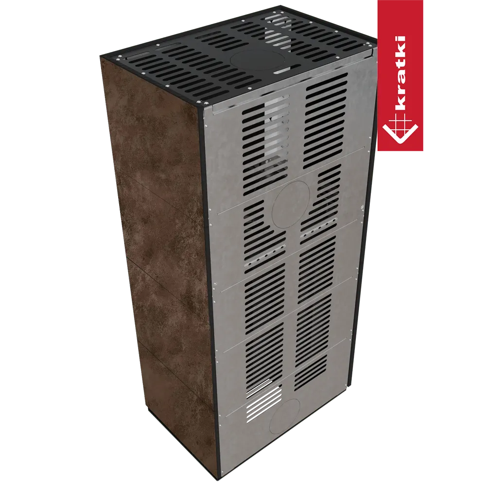 Kratki Floki S 8 kW Links, moderne metalen houtkachel met ventilatieroosters en roestige zijpanelen.