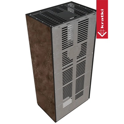 Kratki Floki S 8 kW Links, moderne metalen houtkachel met ventilatieroosters en roestige zijpanelen.