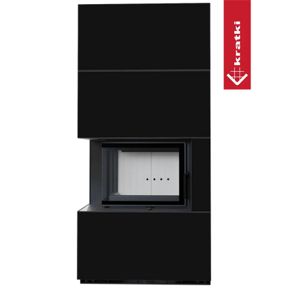Kratki Floki S 8 kW Links, moderne zwarte houtkachel met glazen deur en strak design.