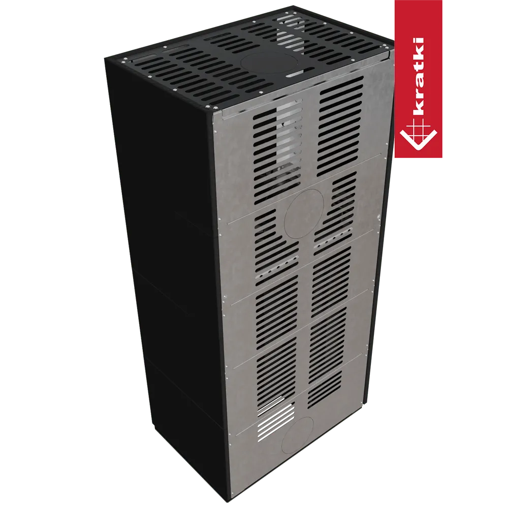 Kratki Floki S 8 kW Links, moderne zwarte kachel met geventileerde metalen behuizing.